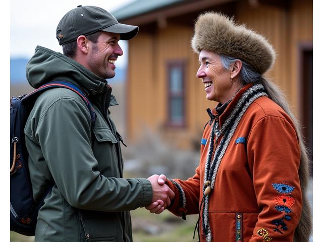 Indigenous elder and a Yukon Desert Expeditions guide shaking hands, symbolizing partnership.