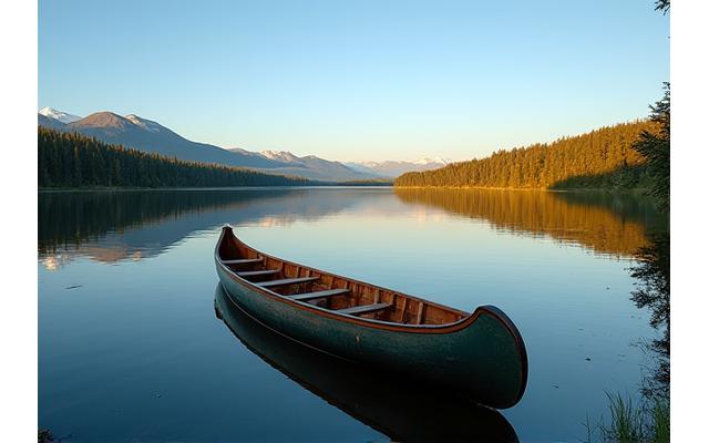 A serene river in the Yukon with a traditional canoe and distant mountains, symbolizing environmental respect.