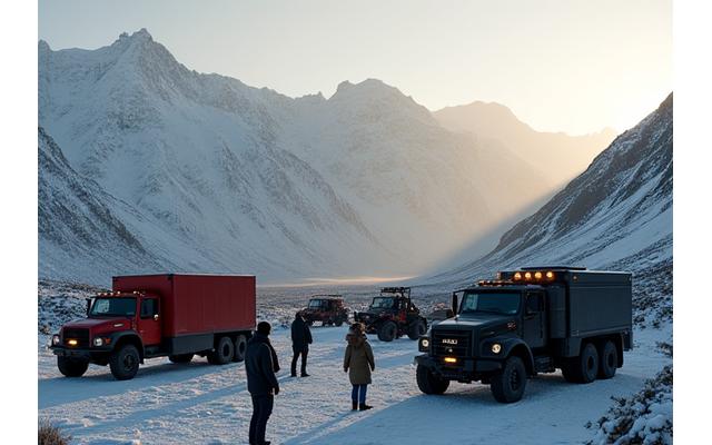 A remote film set in the Yukon wilderness with expedition vehicles and crew members.