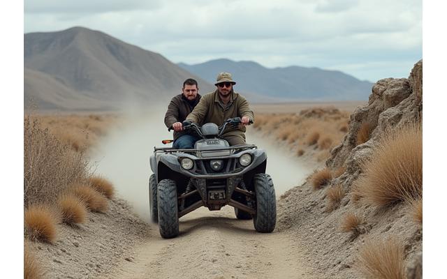 An early photograph of an ATV tour group in the dry, rocky Carcross Desert.