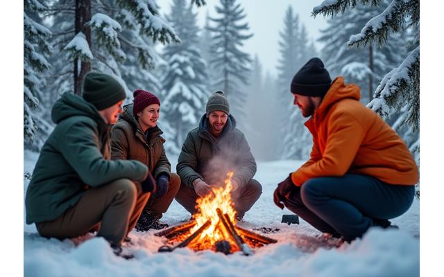 A group learning fire-starting techniques in a snowy Yukon forest.