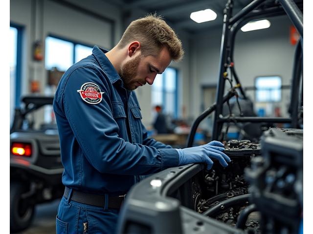 Mechanic performing maintenance on an ATV in a clean garage