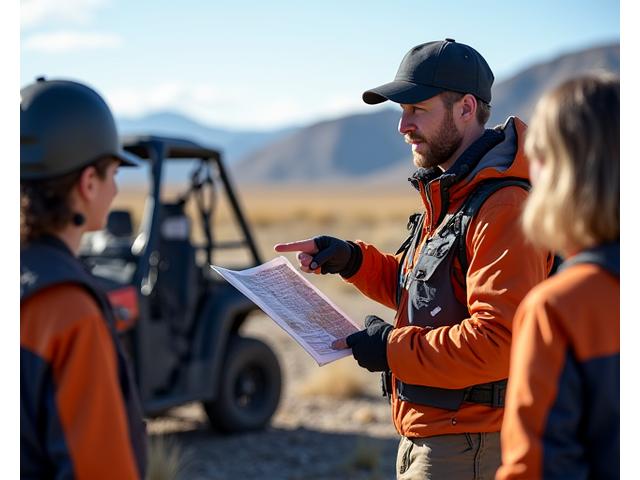 ATV rider receiving safety briefing in front of rugged terrain