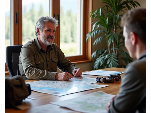 Team member discussing expedition plans with a client at a desk, looking at maps and outdoor gear.