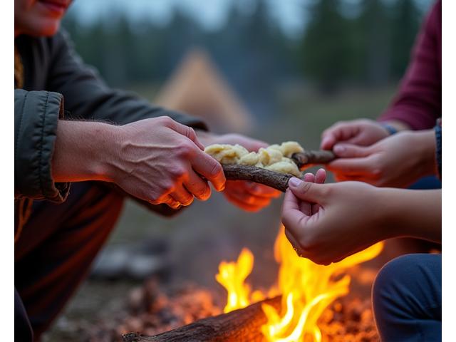 Hands preparing traditional bannock bread over an open fire, a cultural culinary experience.