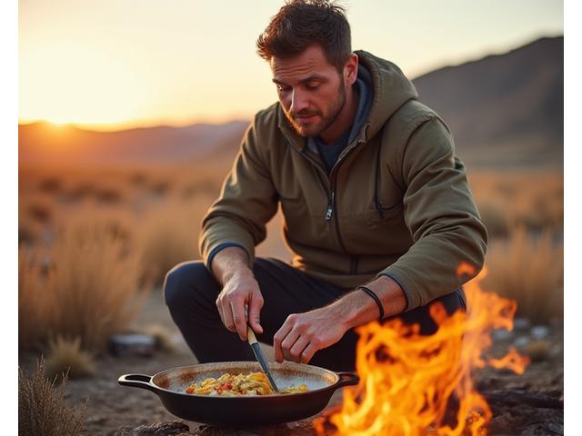 A wilderness chef expertly preparing a dish over an open fire, demonstrating bushcraft cooking techniques.