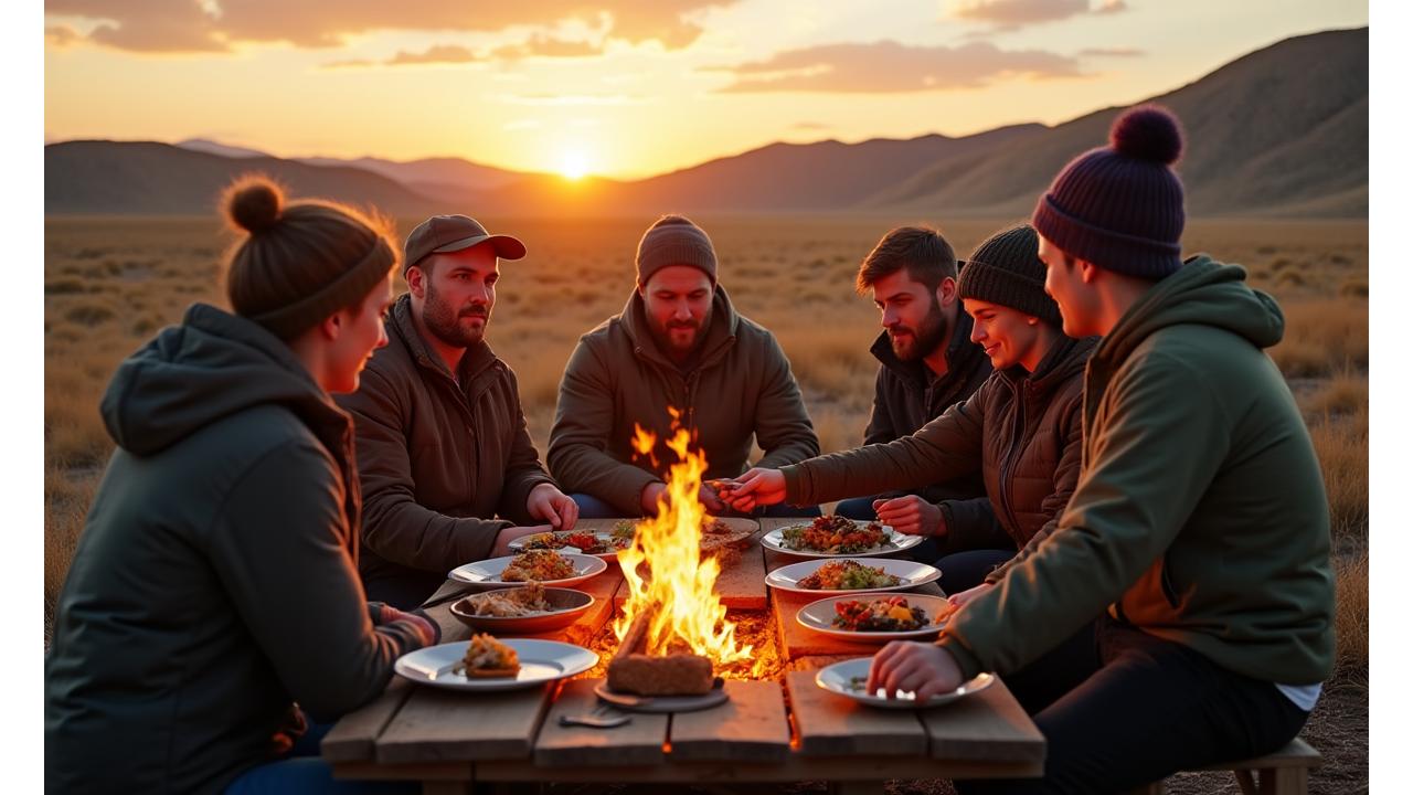 A group enjoying a gourmet meal cooked over an open campfire in the Yukon desert, with a mountain backdrop at golden hour.