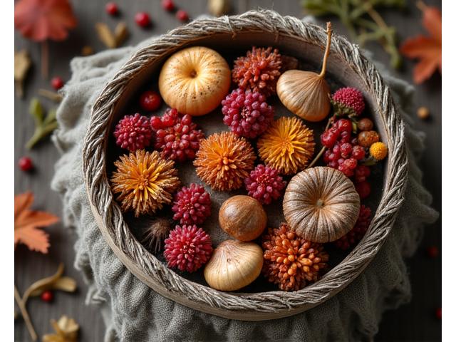 Colorful autumn leaves and a basket of gathered wild mushrooms and roots in the Yukon.