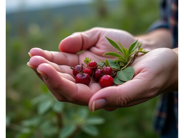 Close-up of wild berries and edible plants being responsibly harvested in the Yukon landscape.