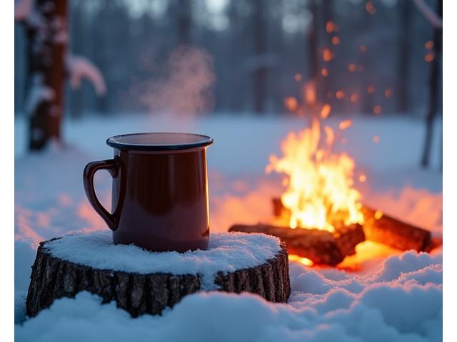 A warm, steaming mug beside a cozy campfire with snow on the ground in a Yukon winter scene.