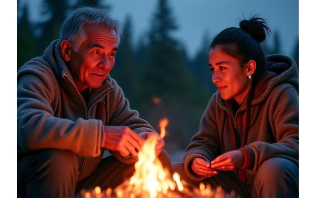 First Nations elders sharing stories around a fire in a traditional setting.