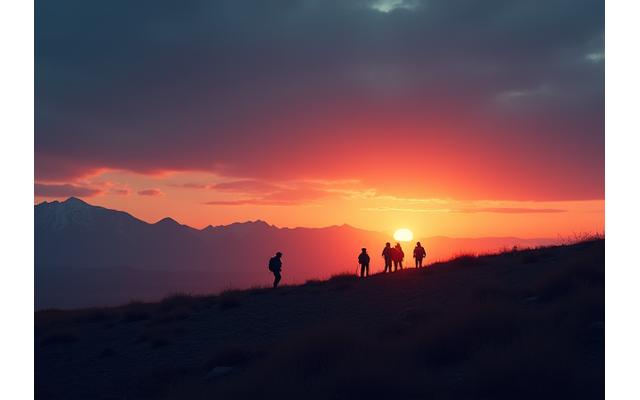A group of trekkers silhouetted against a setting sun in the vast Yukon desert.