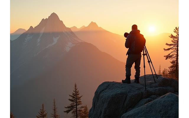 A photographer with a large camera capturing a majestic mountain range at dawn.