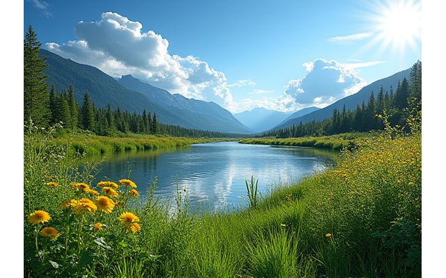 A vibrant summer landscape in the Yukon with lush greenery and a clear blue sky.