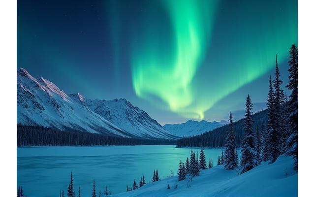 A snow-covered Yukon landscape under a sky lit by the Northern Lights.