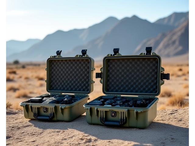 Professional film equipment, including cameras and lenses, meticulously stored in rugged, weatherproof cases on a desert floor with a distant mountain backdrop