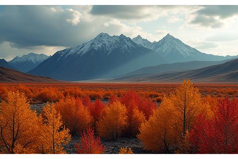 Vibrant autumn foliage with red and gold tones in the Yukon desert, contrasting with a rugged mountain backdrop under a dramatic sky, hints of aurora green in the distance