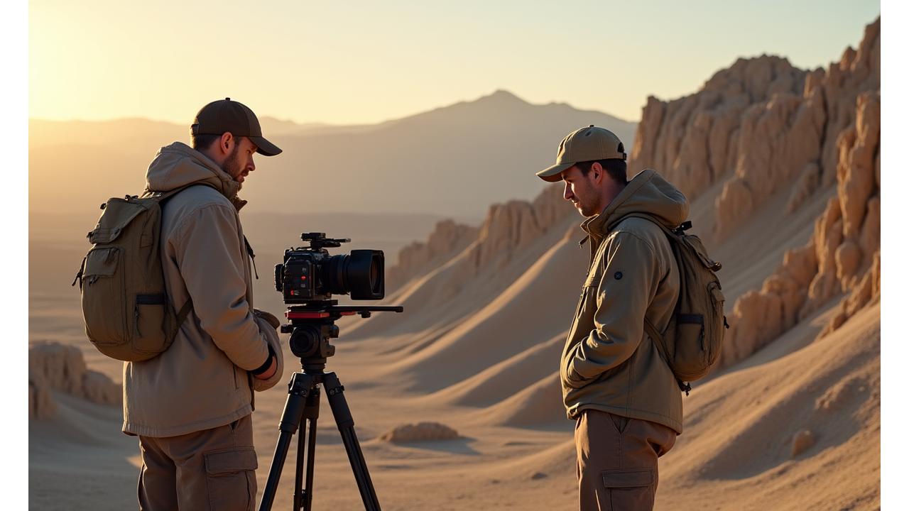 Filming crew setting up a professional camera rig in a vast, dramatic Yukon desert landscape under a clear sky