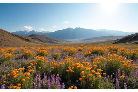 Vibrant wildflowers blooming across a vast Yukon desert landscape in spring, under a soft, clear sky