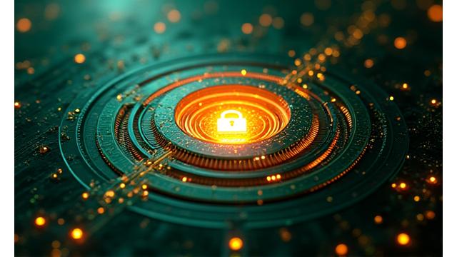 Abstract depiction of digital security, layers of protection around data represented by flowing circuits.