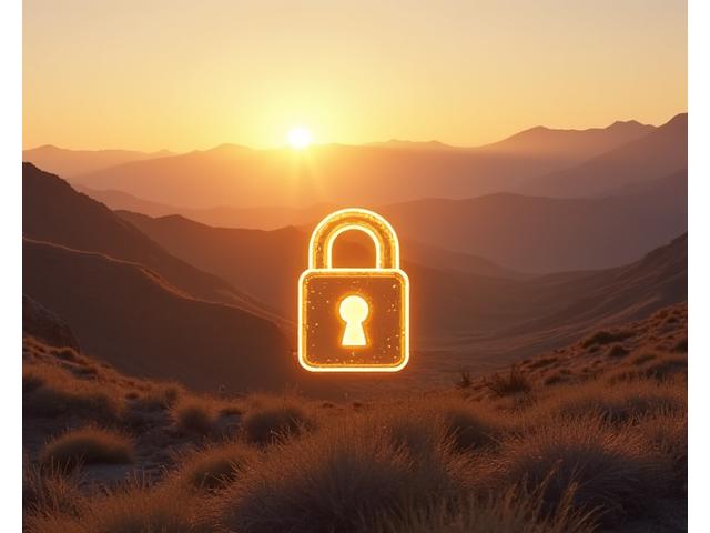 Digital padlock over a mountain landscape, symbolizing data protection in the Yukon wilderness.