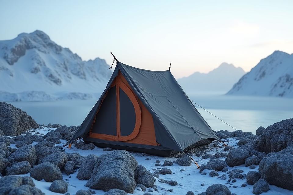 A sturdy, weather-resistant expedition tent designed for extreme conditions, pitched against a rugged Yukon mountain backdrop.
