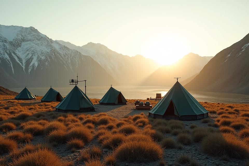 A professionally set up remote base camp in the Yukon wilderness at dawn. Featuring multiple tents, a central cooking area, and a communications antenna, all organized efficiently.