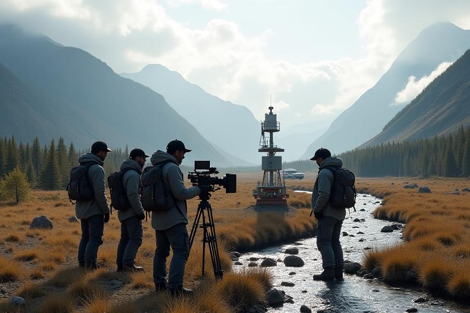 A film crew setting up specialized camera equipment in a beautiful, remote Yukon landscape, with subtle support vehicles in the background.