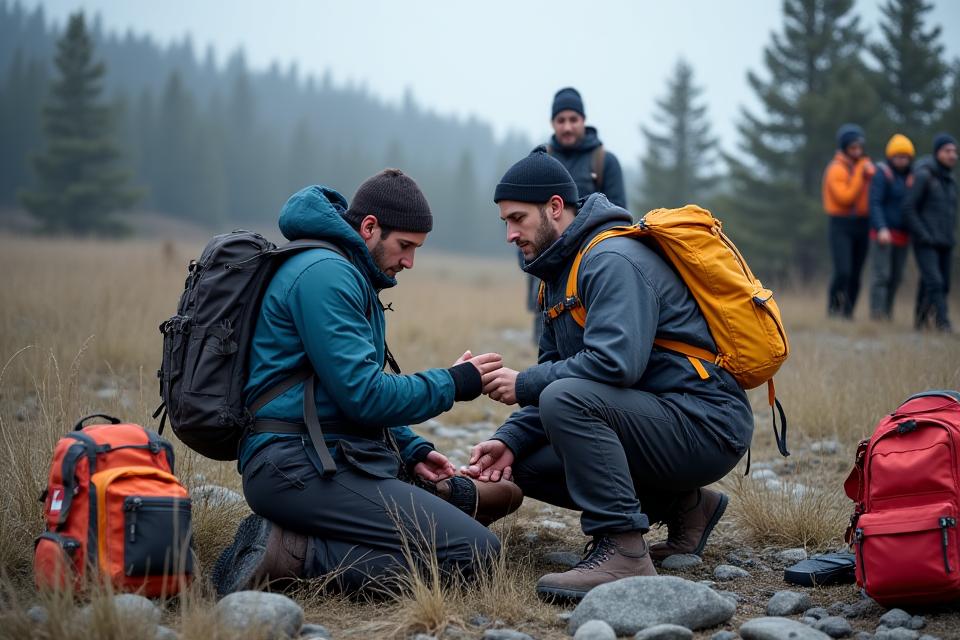 A certified wilderness medic attending to a simulated minor injury at a remote camp, demonstrating prepared and calm response. Emphasis on safety equipment.