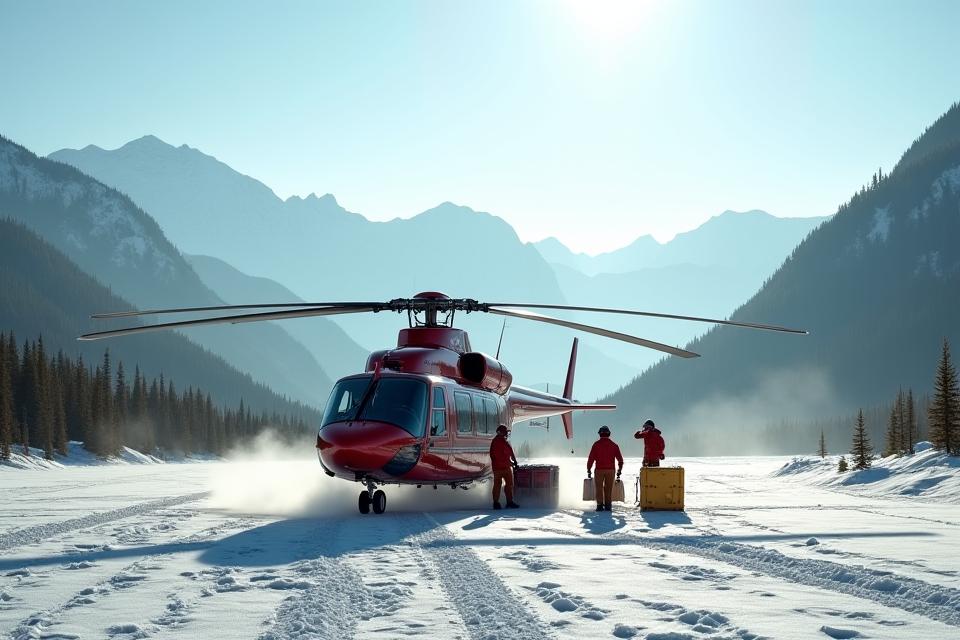 A helicopter landing in a remote, pristine Yukon valley, with gear being unloaded by ground crew. Emphasizes efficient, safe access.