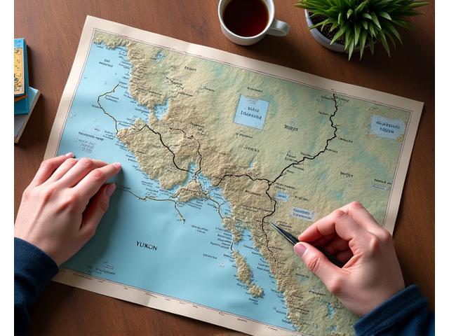 Hands meticulously planning a route on a large, detailed topographical map of the Yukon, with a coffee mug and a pen nearby, conveying thoughtful preparation.