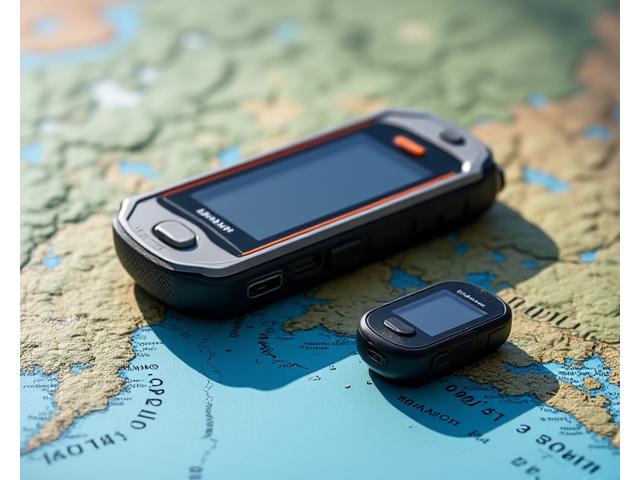A close-up of a satellite communication device and a GPS tracker on a rugged map, symbolizing comprehensive safety and communication in remote areas.