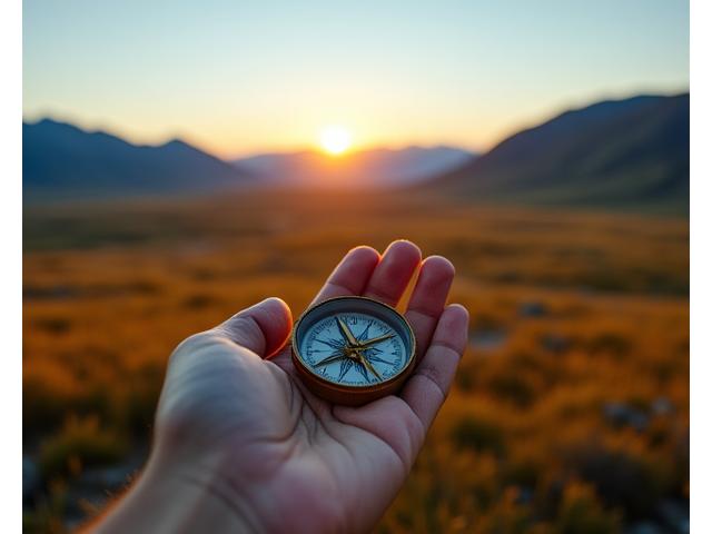 A weathered hand holding a vintage brass compass pointing towards a vast, serene Yukon landscape at golden hour, symbolizing independent exploration with reliable guidance.