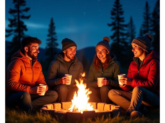 A small, convivial group of solo travelers gathered around a warm campfire in the Yukon wilderness, sharing stories, with a starlit sky above.