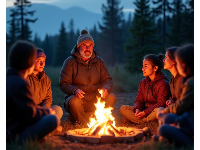 An Indigenous elder sharing stories with a group of respectful travelers around a campfire in the Yukon, symbolizing cultural exchange.