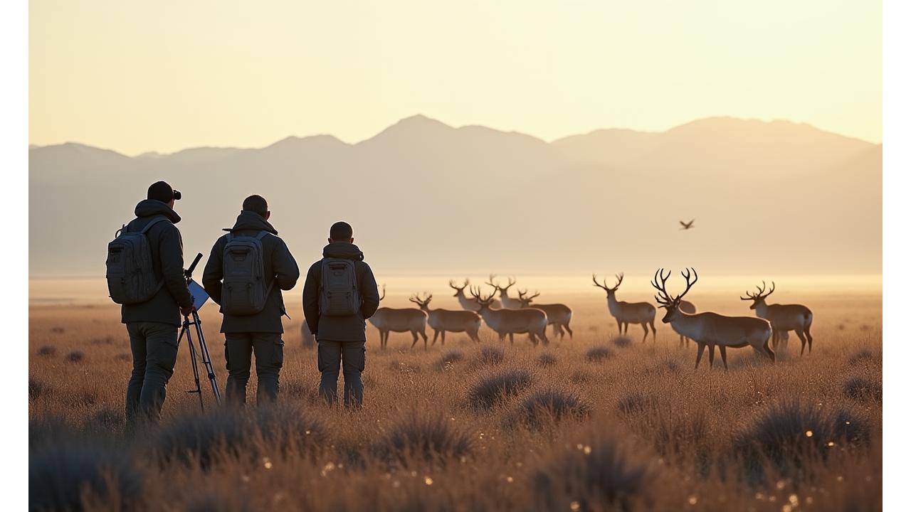 Researchers and adventurers observing wildlife in a vast Yukon landscape, documenting their findings.