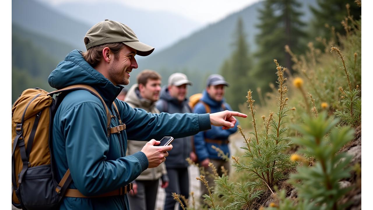 A guide pointing out details of the Yukon environment to an attentive group of travelers, fostering awareness.