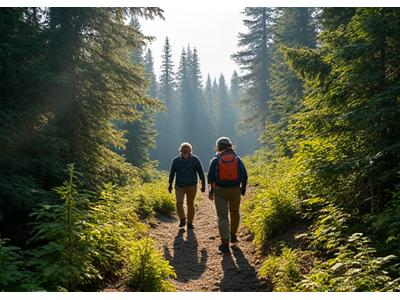 Hikers on a well-maintained trail in the Yukon wilderness, demonstrating respectful travel.
