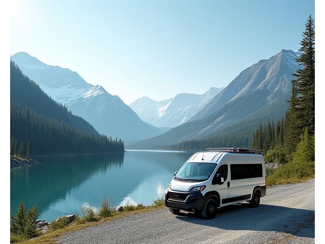 An eco-friendly adventure van parked beside a serene Yukon lake, illustrating sustainable travel.