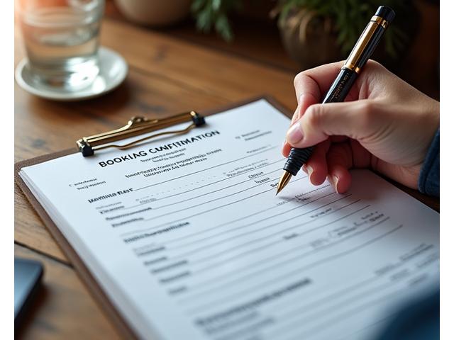 A hand holding a pen, poised over a meticulously organized printed document with sections for 'Booking Confirmation' and 'Payment Schedule'. The background is a rustic wooden desk, implying diligence and clarity.