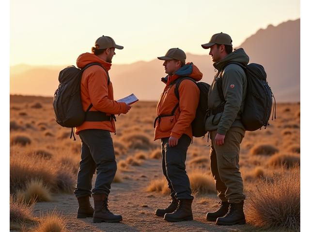 A group of adventure tourists in robust outdoor gear, actively listening to a guide in a vast, open desert-like landscape. One person is checking off items on a list, signifying preparation and readiness.