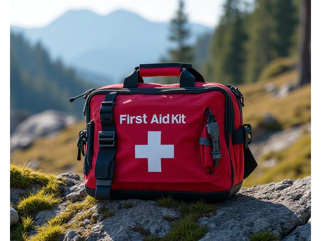 A sturdy, well-maintained first aid kit prominently displayed on a rock in a rugged Yukon landscape, with subtle indications of safety equipment like ropes or GPS devices in the background. The atmosphere is one of preparedness and security.