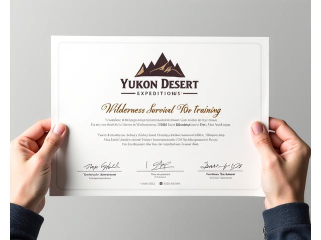 Mockup of a Yukon Desert Expeditions wilderness survival training certificate with official seals.