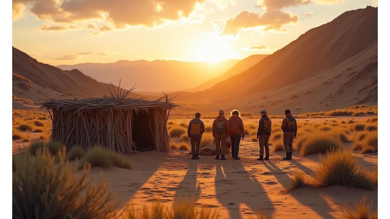 Panoramic view of the unique Yukon desert landscape with a small group of trainees practicing shelter building, bathed in golden hour sunlight.