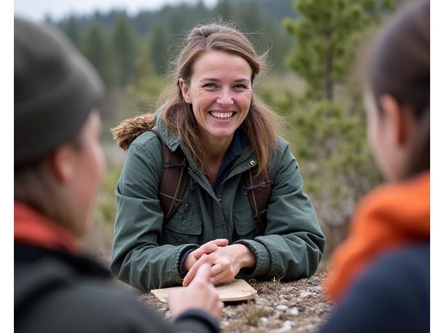 Instructor Anya Petrova demonstrating a knot in an outdoor setting.