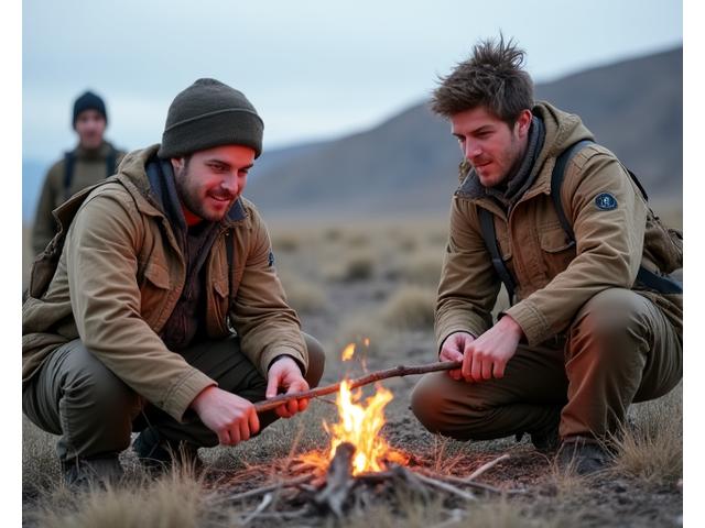 Trainees attempting to start a fire in a simulated survival scenario in the Yukon desert.