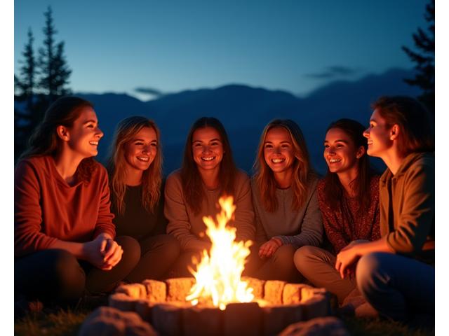 Group of women laughing and sharing stories around a campfire in the Yukon wilderness at dusk.