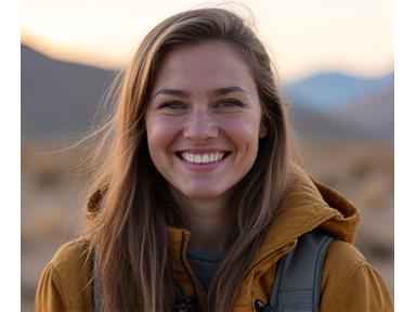 Elara Vancamp, female guide smiling confidently in a wilderness setting.