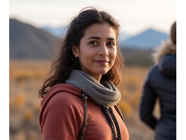 Maya Singh, female guide demonstrating a skill to a group of women under a clear Yukon sky.