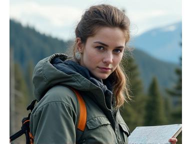 Sarah Green, female guide looking thoughtfully at a map in the Yukon wilderness.